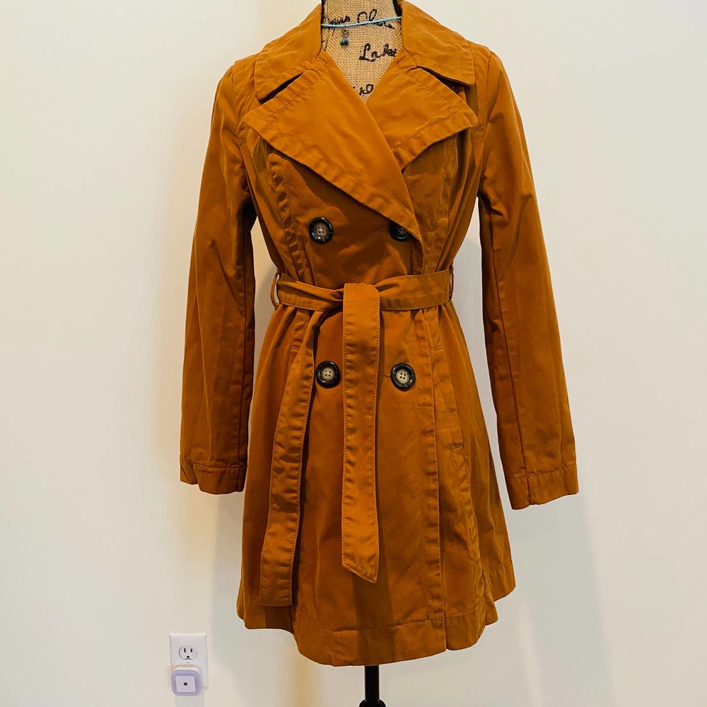 Old Navy Camel Caramel Cotton Belted Double Breasted Trench Coat Rain Coat Small